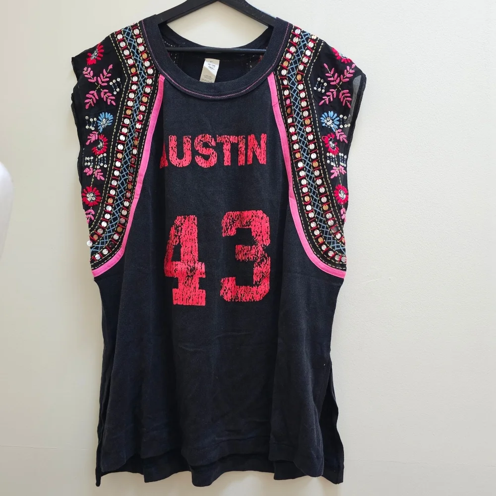 Free People Black Tank Top with Red Accents and Multicolor Embellished Shoulders - Picture 4 of 7
